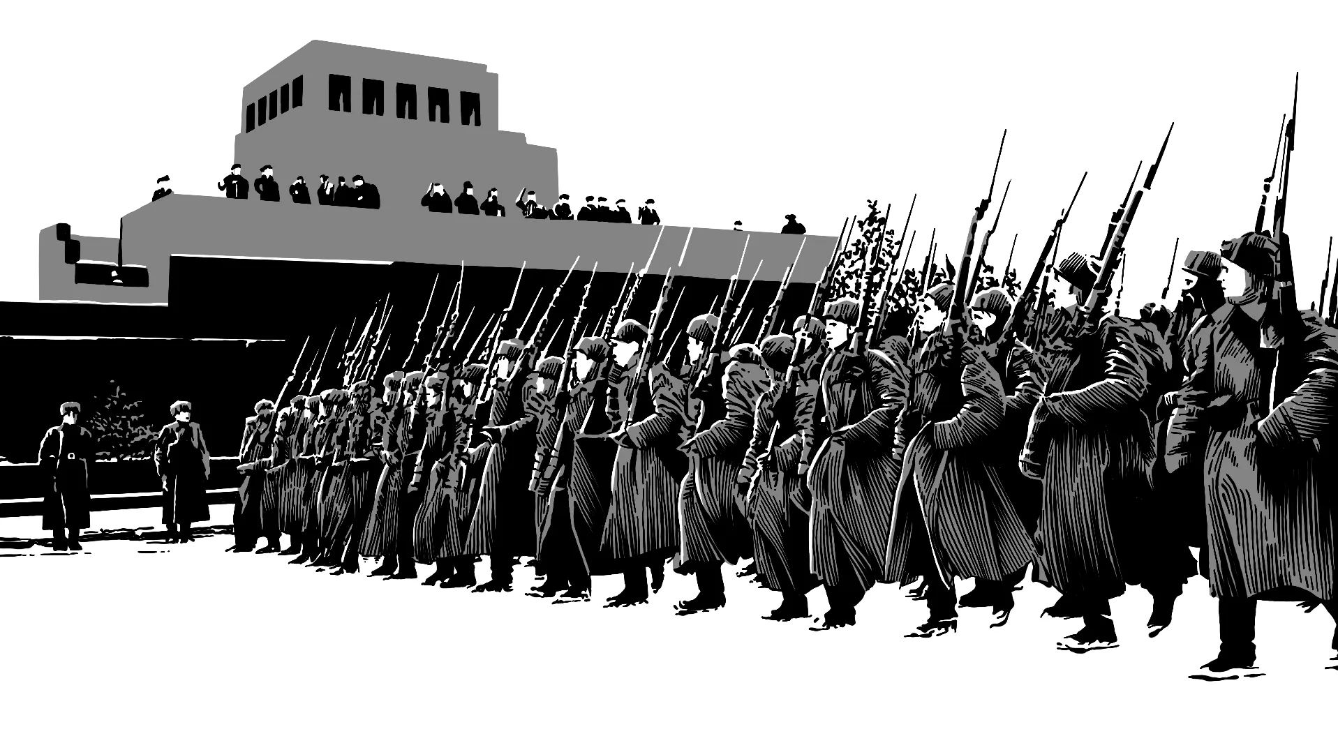 Стилизованное изображение стреклов во время парада напротив мавзолея